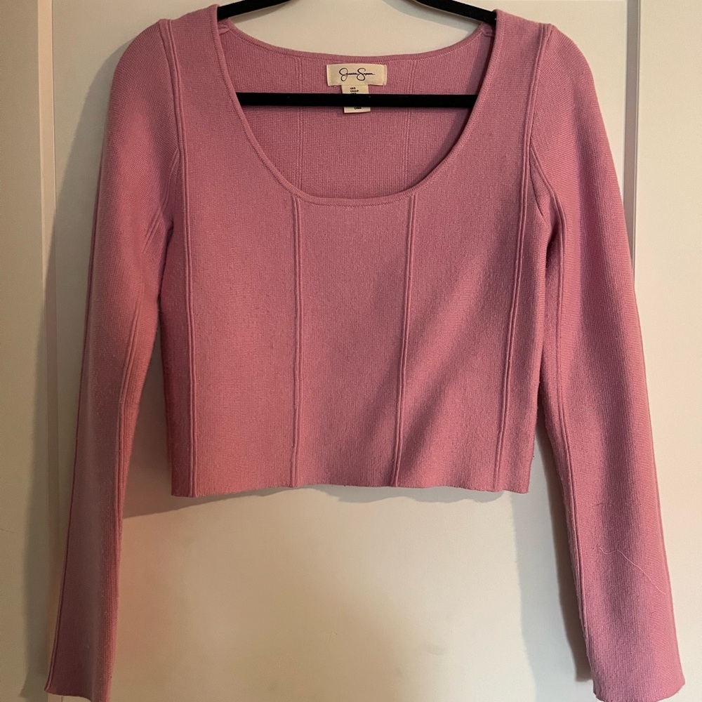 Pink Scoop Neck Long Sleeve Crop Top